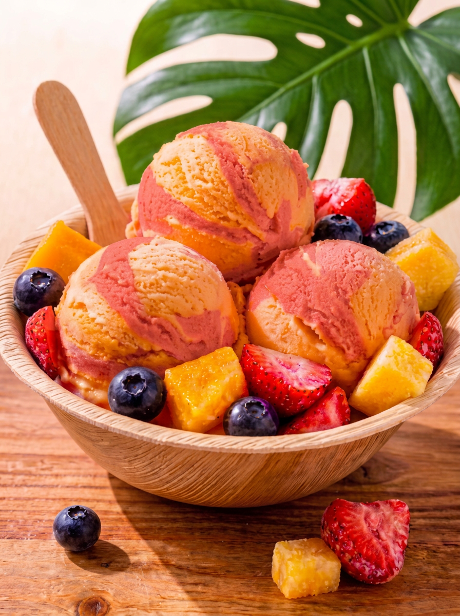 Orange Melon Creamsicle tropical water ice scoops with fresh fruit