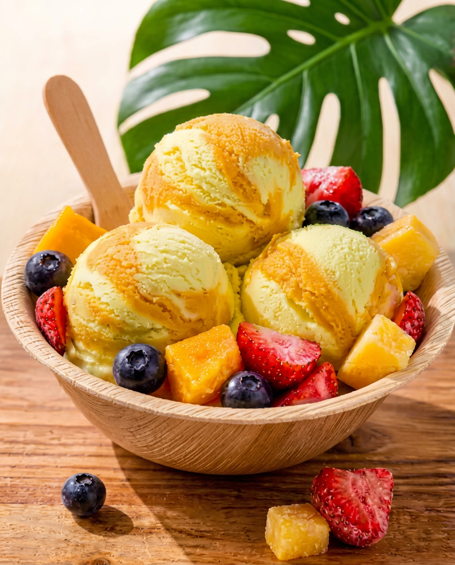 Mango Lemonade Splash tropical water ice scoops with fresh fruit