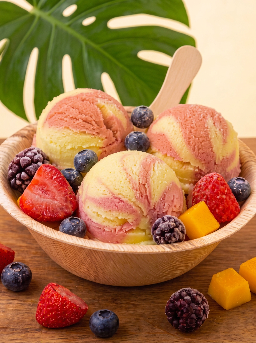 Peach Lemonade Splash tropical water ice scoops with fresh fruit