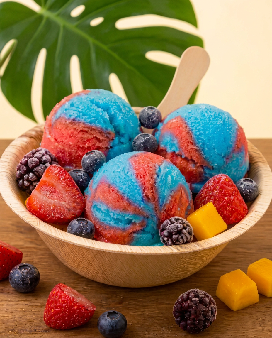 Wild Berry Kiwi tropical water ice scoops with fresh fruit